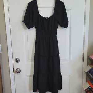 Smocked Waist Black Maxi Dress with Puff Sleeves